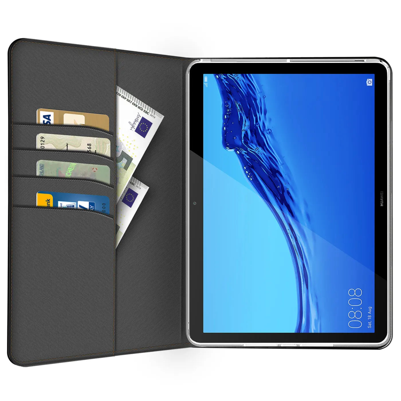 Graue Textil-Klapphülle mit Kartenfächern, zeigt Huawei MediaPad T5 10.1.
