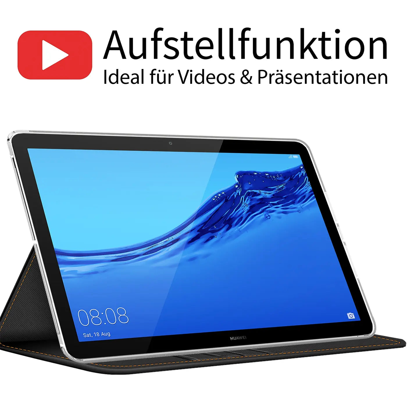Huawei MediaPad T5 10.1 mit schwarzer Textilhülle, von vorne schräg, Aufstellfunktion