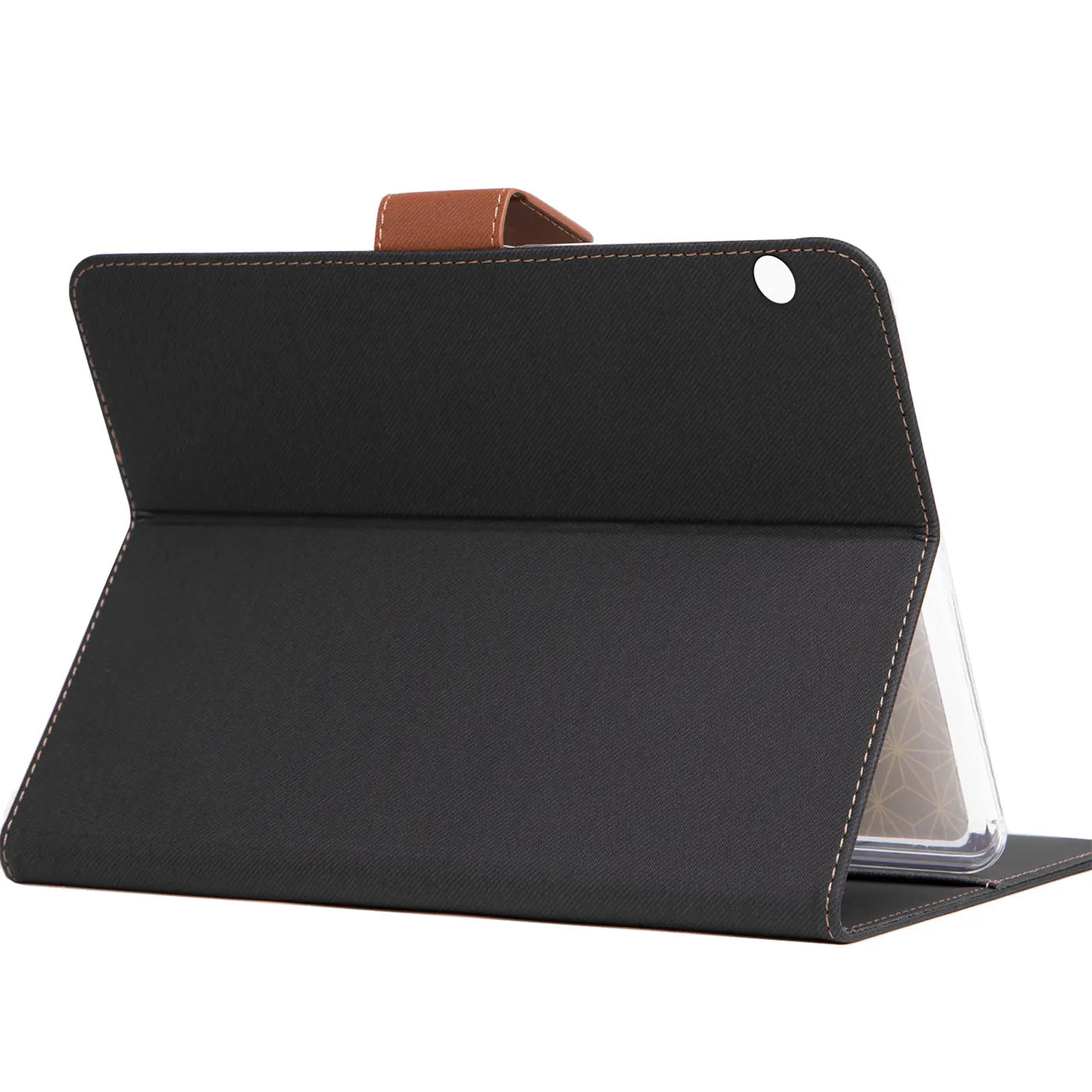 Schwarze Textil-Klapphülle mit braunem Riemen für Huawei MediaPad T5 10.1, von schräg oben