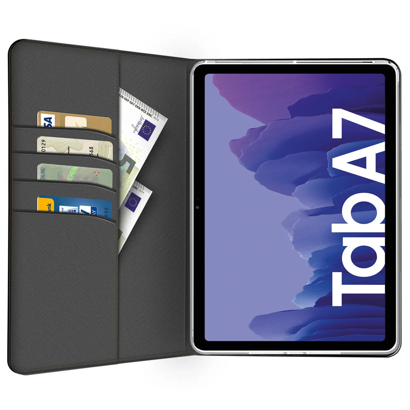 Graue Textil-Klapphülle mit Kartenfächern, zeigt Samsung Galaxy Tab A7 10.4.