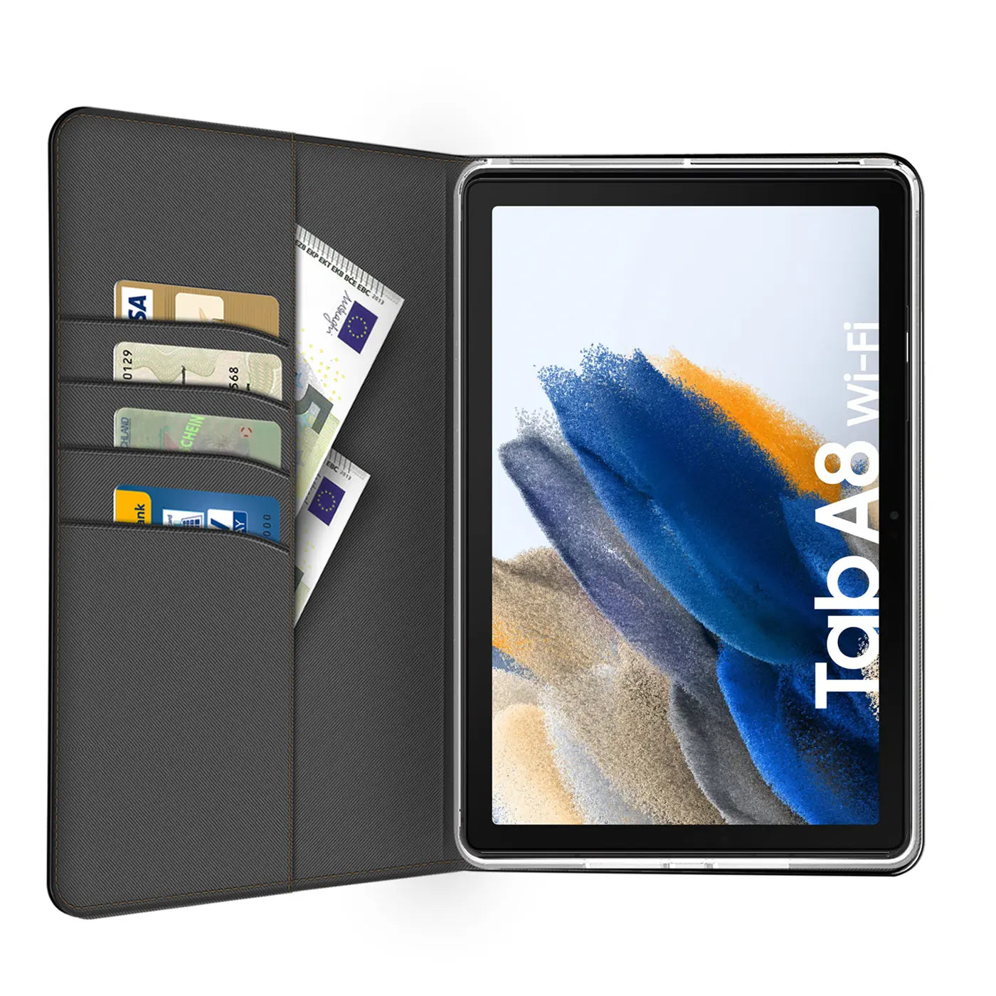 Graue Textil-Klapphülle mit Kartenfächern und Geldscheinfach, zeigt Samsung Tab A8.