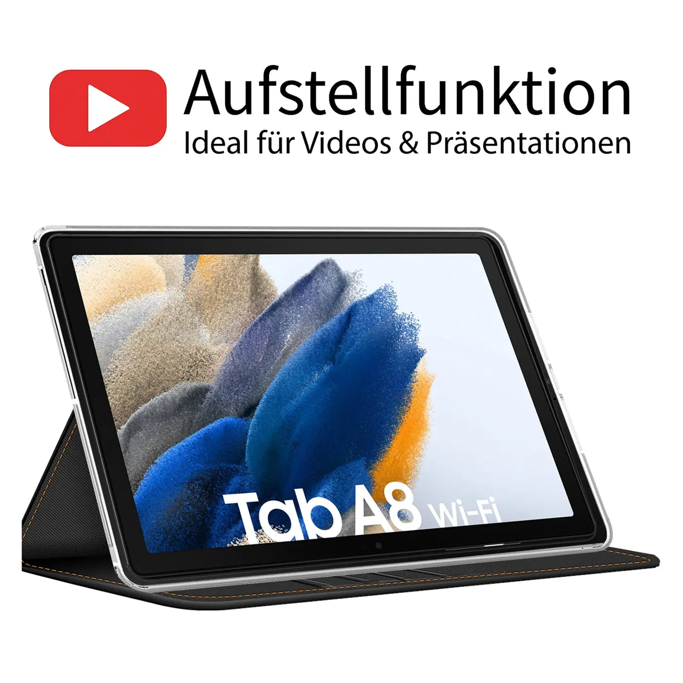 Samsung Galaxy Tab A8 in schwarzer Textilhülle, leicht schräg von vorne.