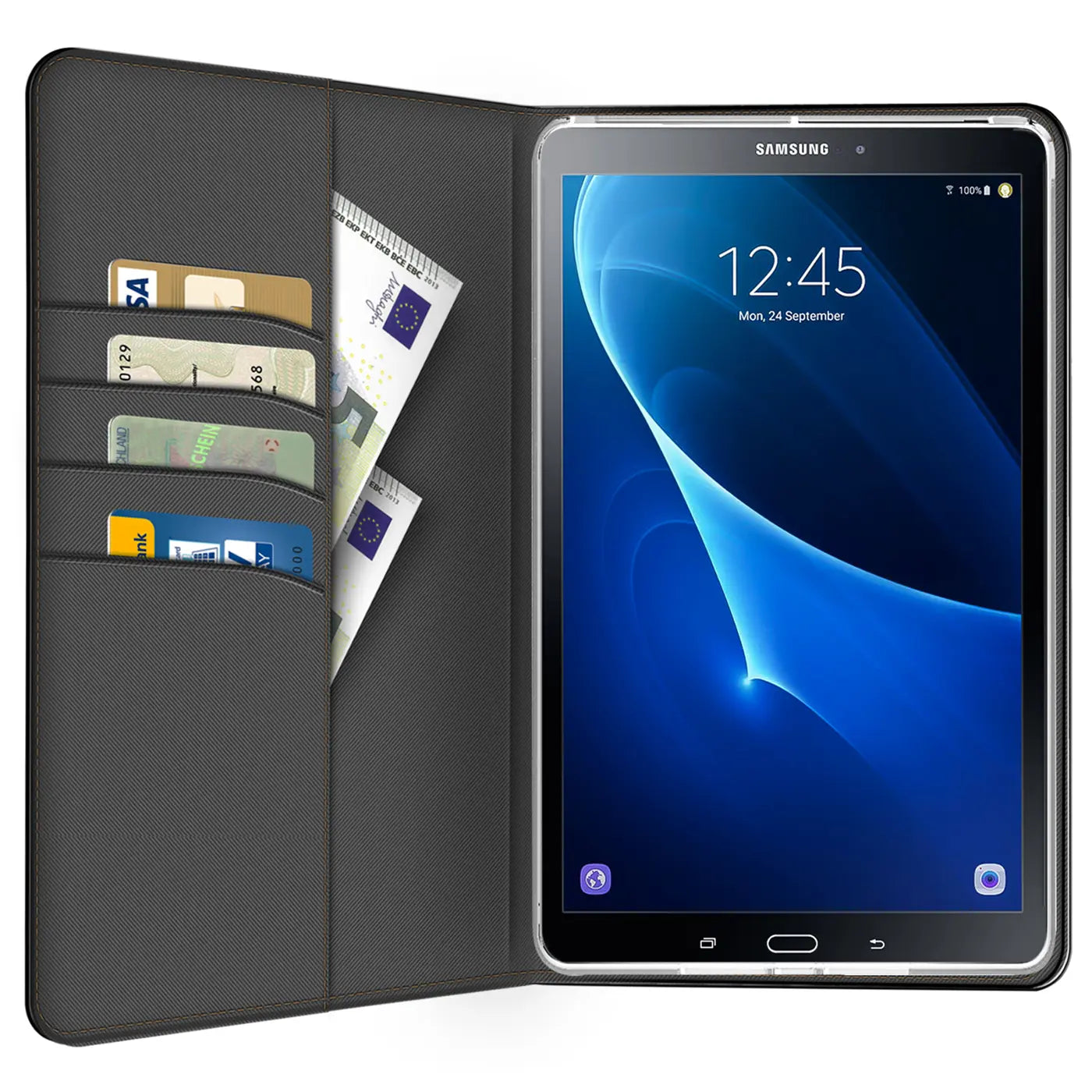 Schwarze Textil-Klapphülle mit Kartenfächern, zeigt Samsung Galaxy Tab A 10.1 2016.