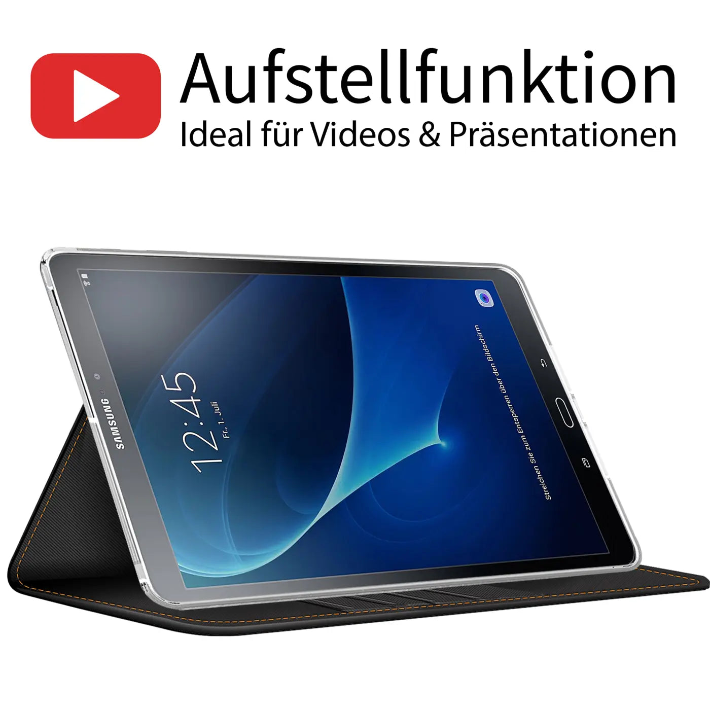 Samsung Galaxy Tab A 10.1 2016 in schwarzer Textil-Klapphülle, von vorne links, aufgestellt.
