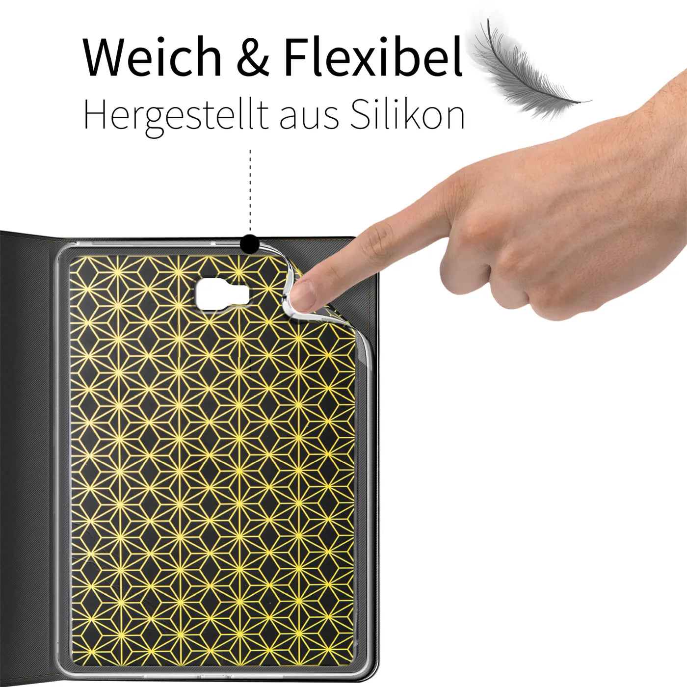 Finger berührt schwarze Hülle mit gelbem Muster auf Tablet.
