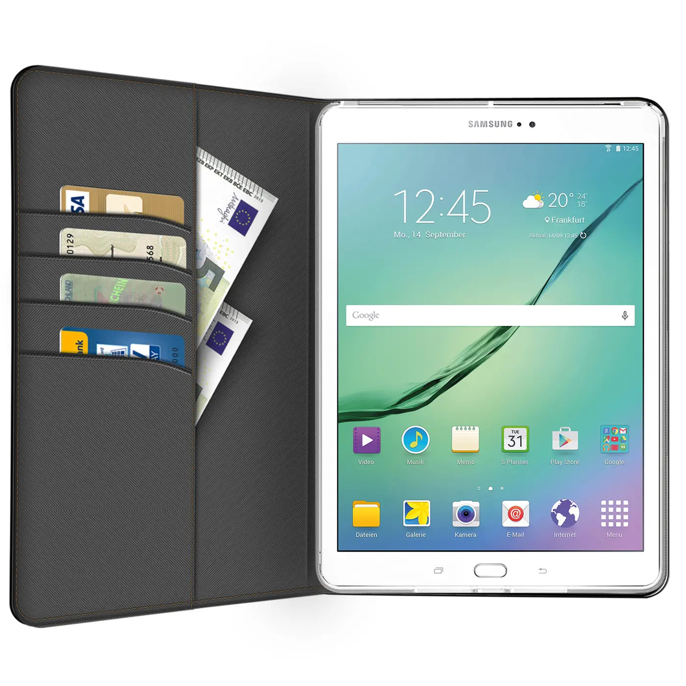 Graue Textil-Klapphülle mit Kartenfächern, daneben ein Samsung Galaxy Tab S2 9.7.
