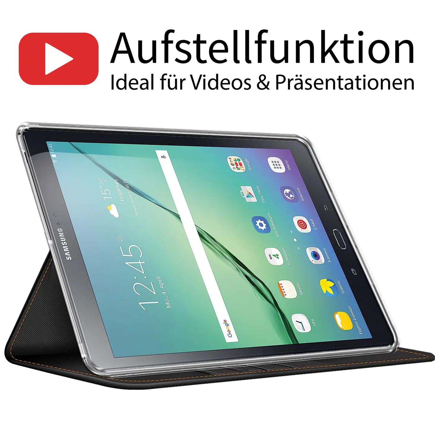 Samsung Galaxy Tab S2 9.7 in schwarzer Textil-Klapphülle, von vorne links.