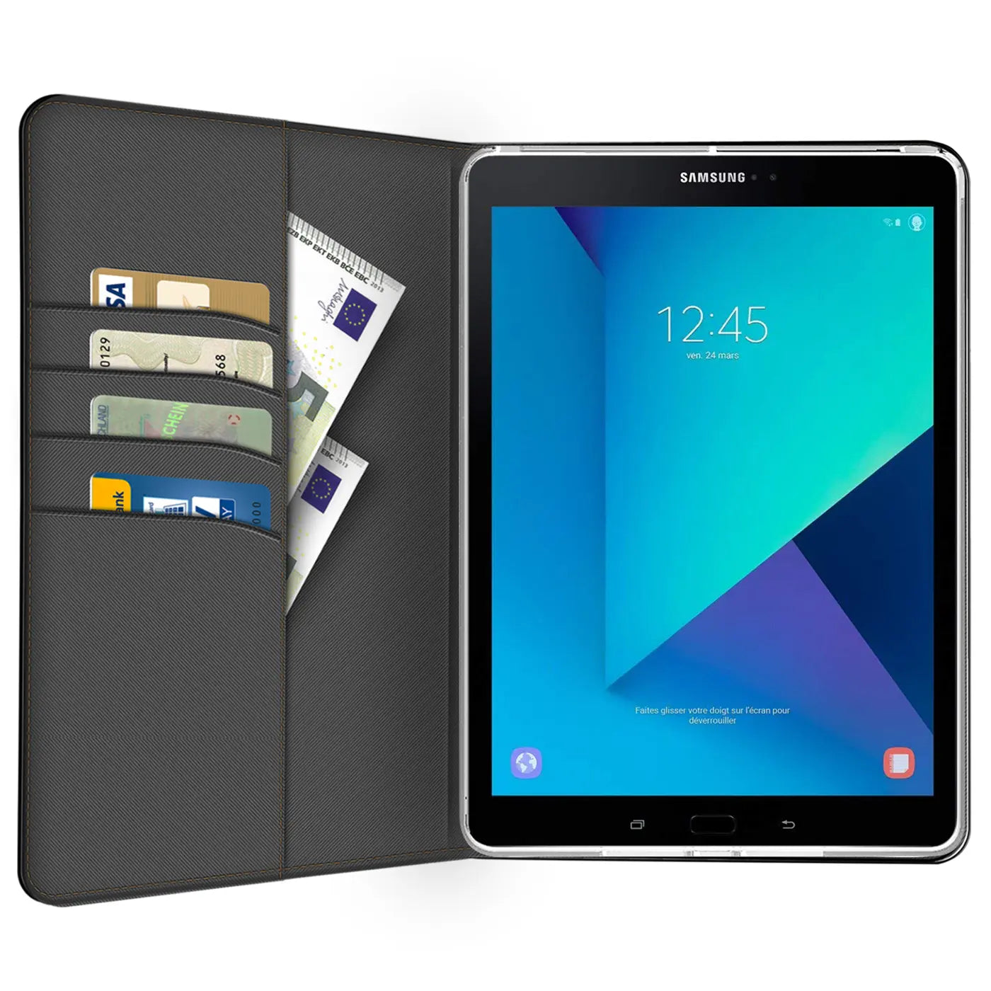Graue Textil-Klapphülle mit Kartenfächern und Geldscheinfach, zeigt Samsung Galaxy Tab S3 9.7.