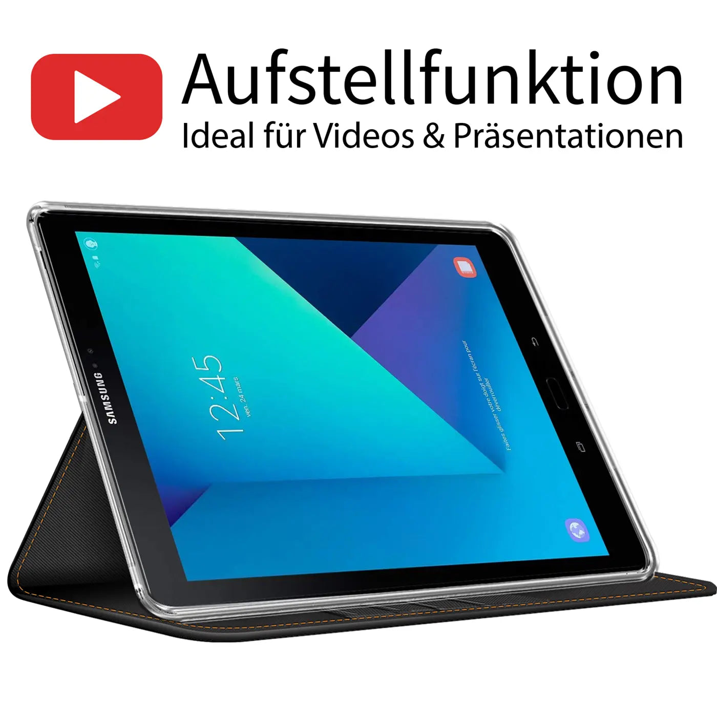 Samsung Galaxy Tab S3 9.7 in schwarzer Textil-Klapphülle, von vorne schräg.