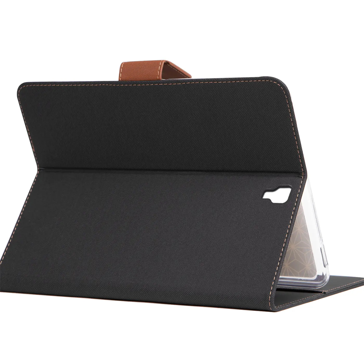 Schwarze Textil-Klapphülle mit braunem Riemen, von schräg vorne, für Samsung Galaxy Tab S3 9.7