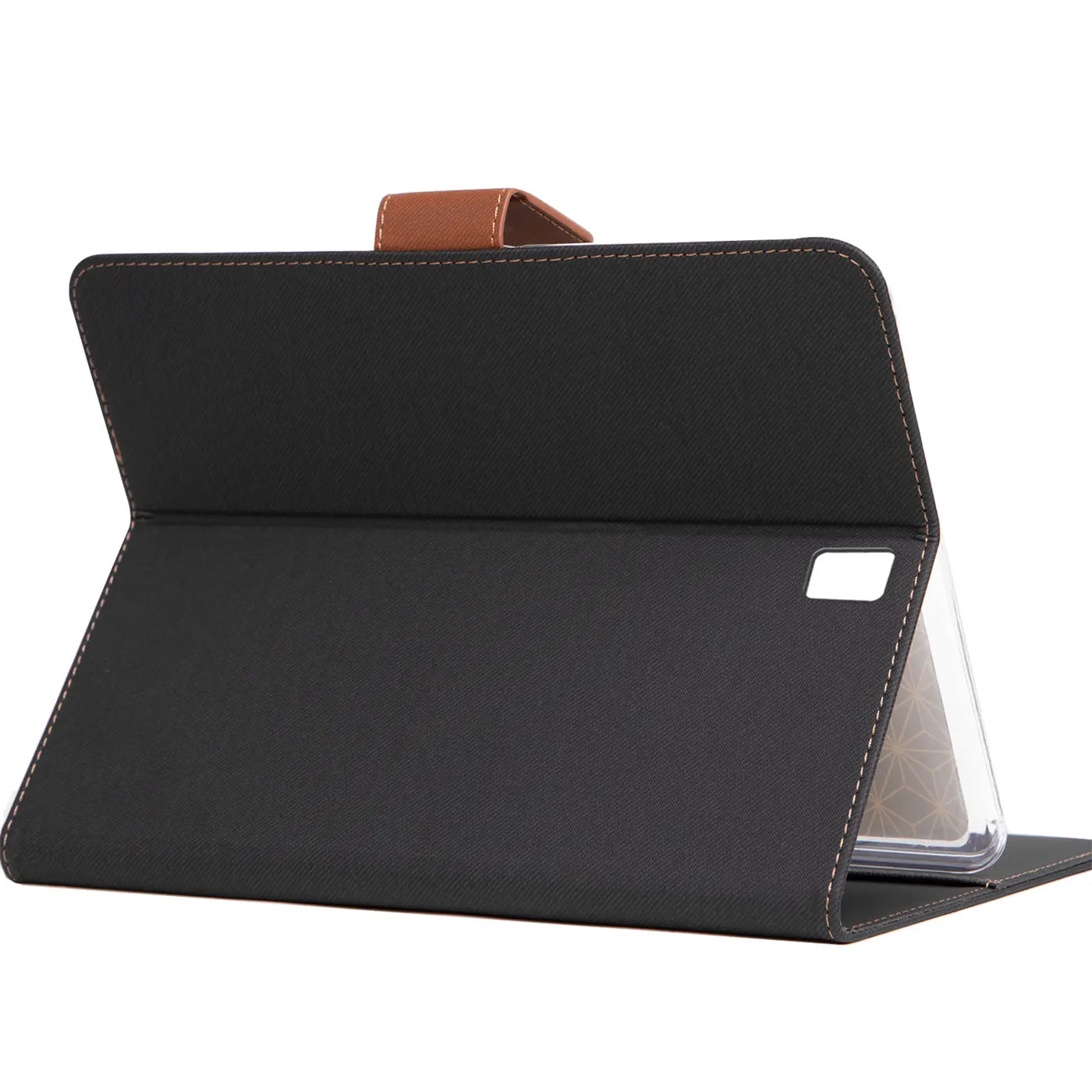 Schwarze Textil-Klapphülle mit braunem Lederriemen, von schräg vorne, für Samsung Galaxy Tab S4 10.5.