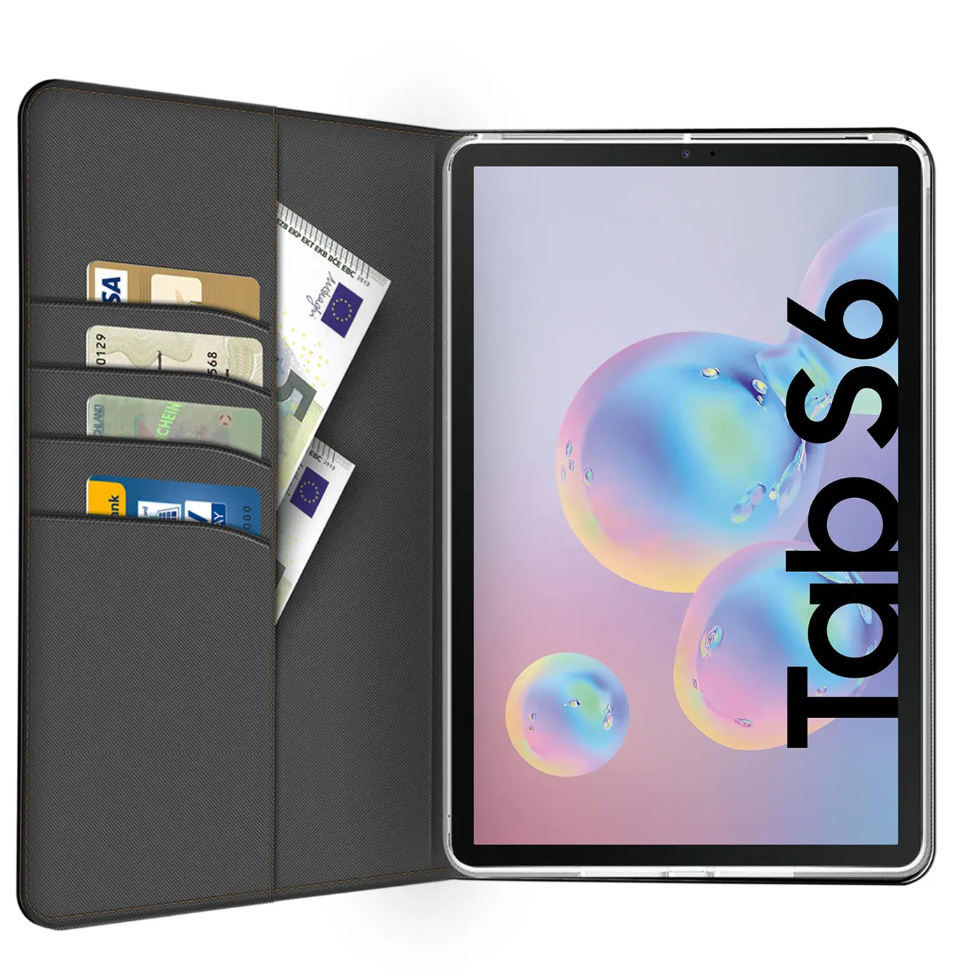 Graue Textil-Klapphülle mit Kartenfächern, zeigt Samsung Galaxy Tab S6 10.5.