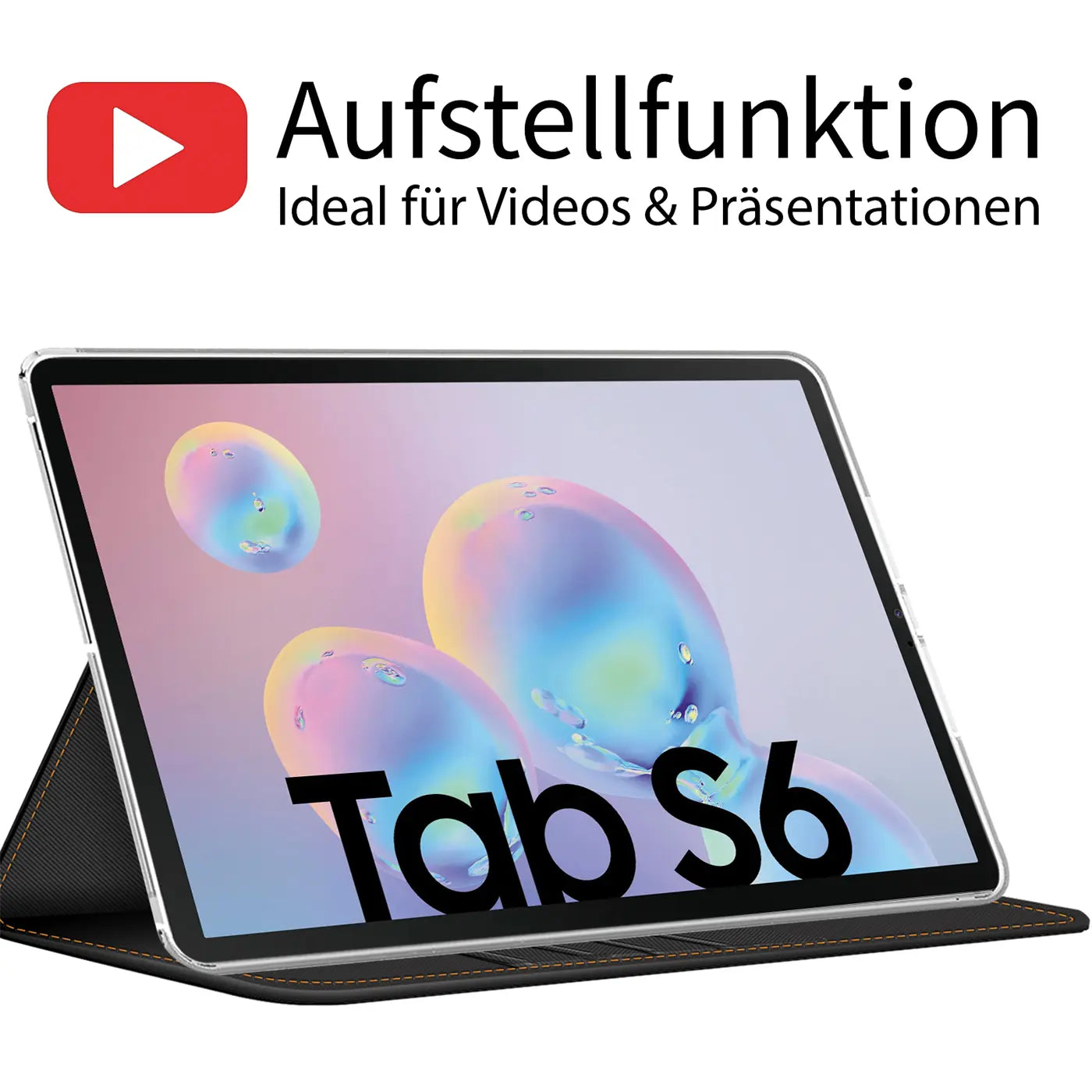 Samsung Galaxy Tab S6 10.5 in schwarzer Textil-Klapphülle, von vorne schräg gezeigt.