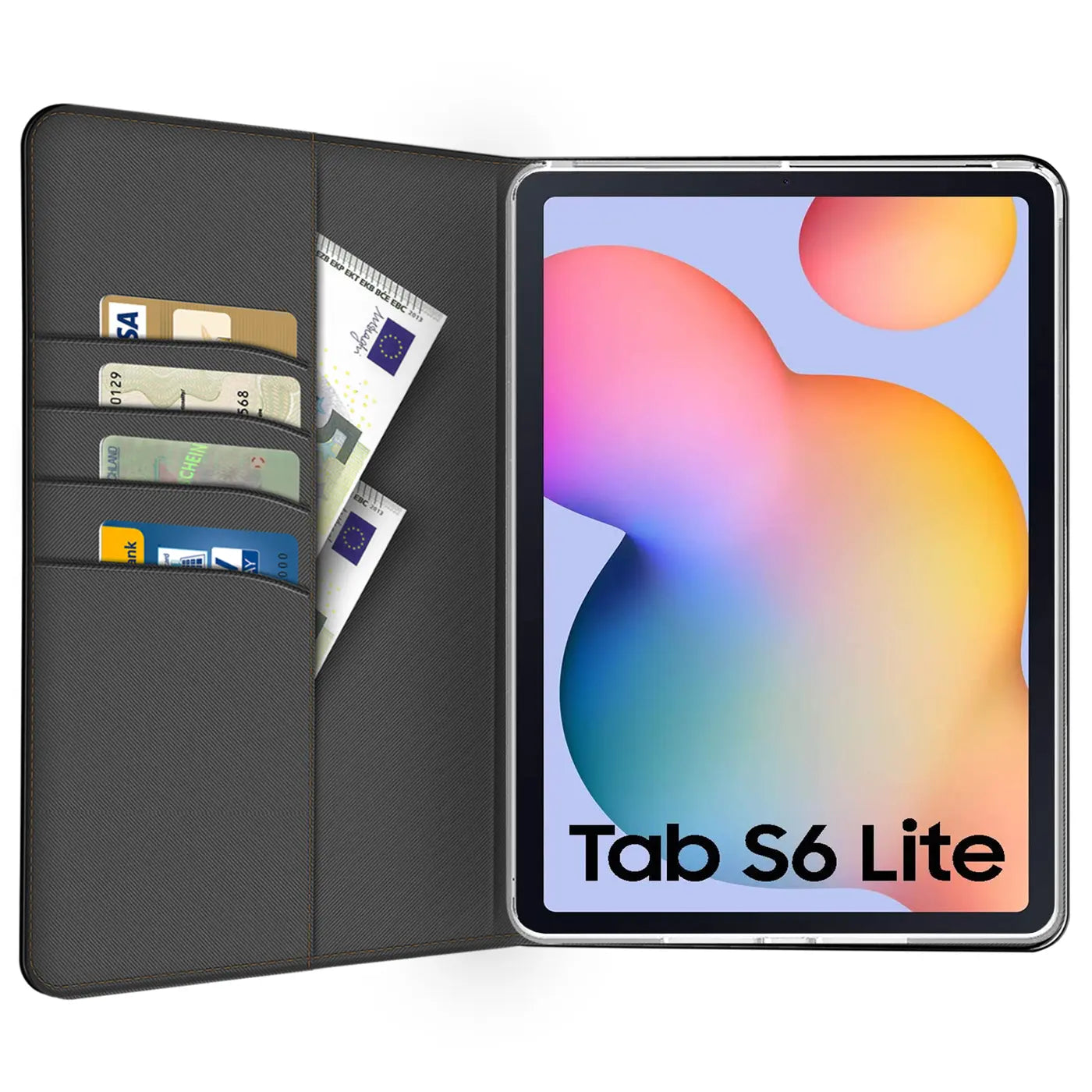 Graue Textil-Klapphülle mit Kartenfächern, zeigt Samsung Tab S6 Lite.