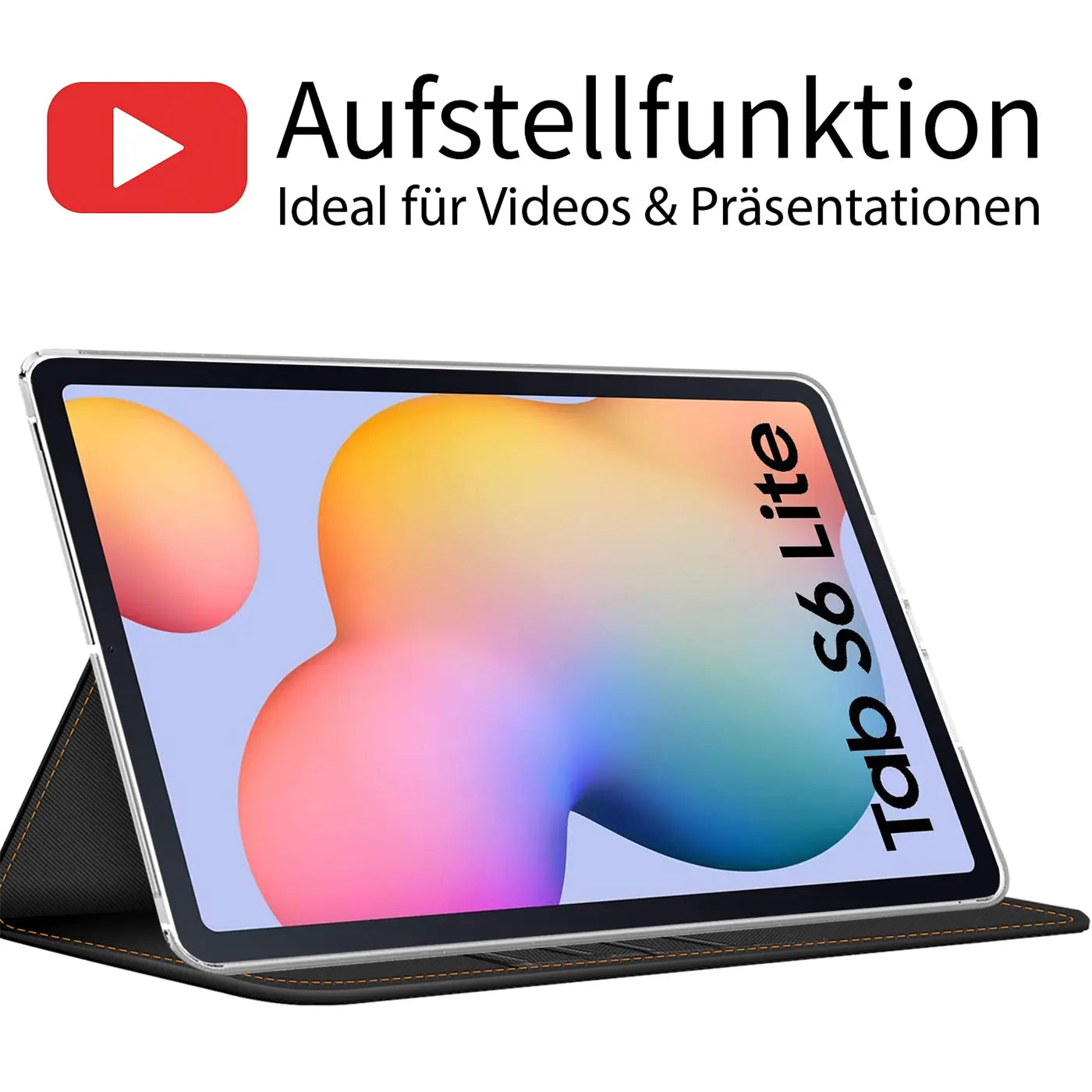 Schwarze Textilhülle mit Aufstellfunktion für Samsung Galaxy Tab S6 Lite, von vorne schräg.