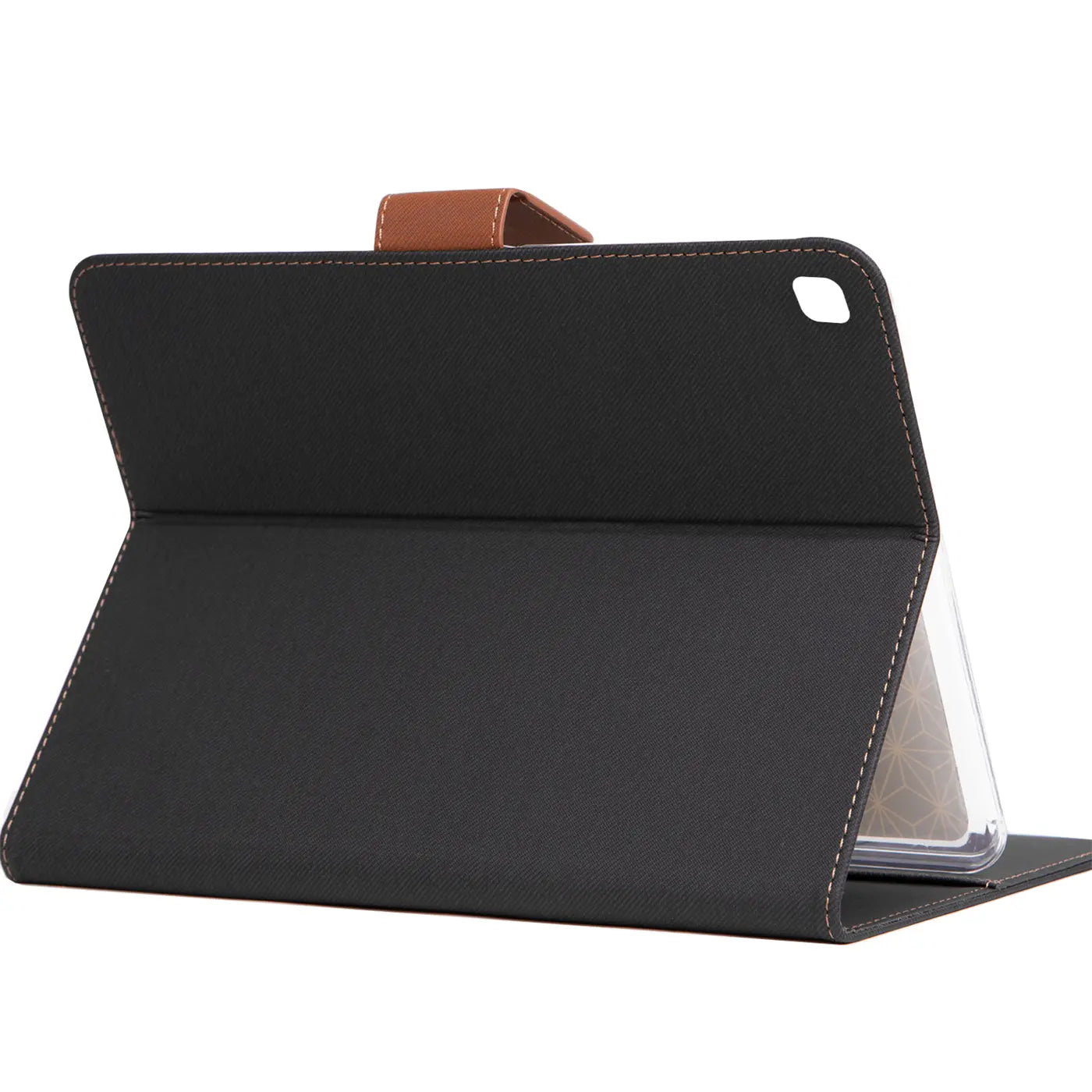 Schwarze Textil-Klapphülle für Samsung Galaxy Tab S6 Lite, von vorne, mit braunem Lederriemen.