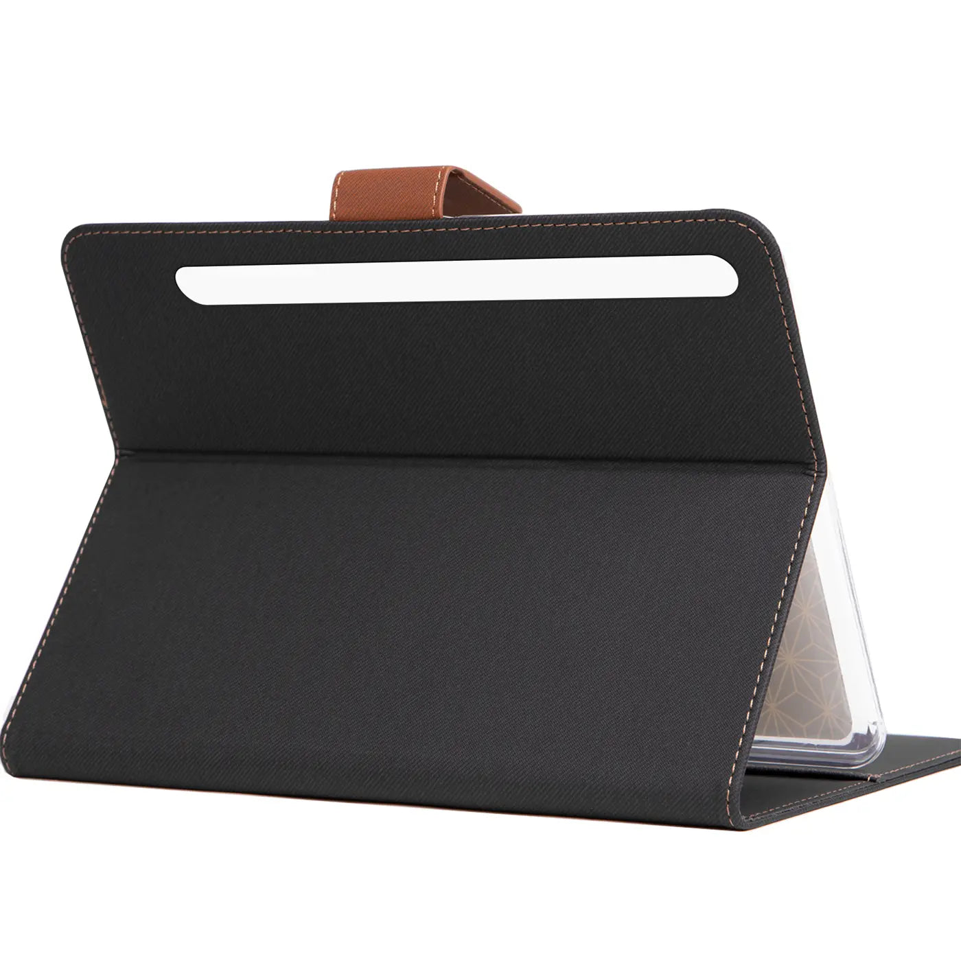 Schwarze Textil-Klapphülle mit braunem Lederriemen, von vorne, Samsung Galaxy Tab S7/S8.