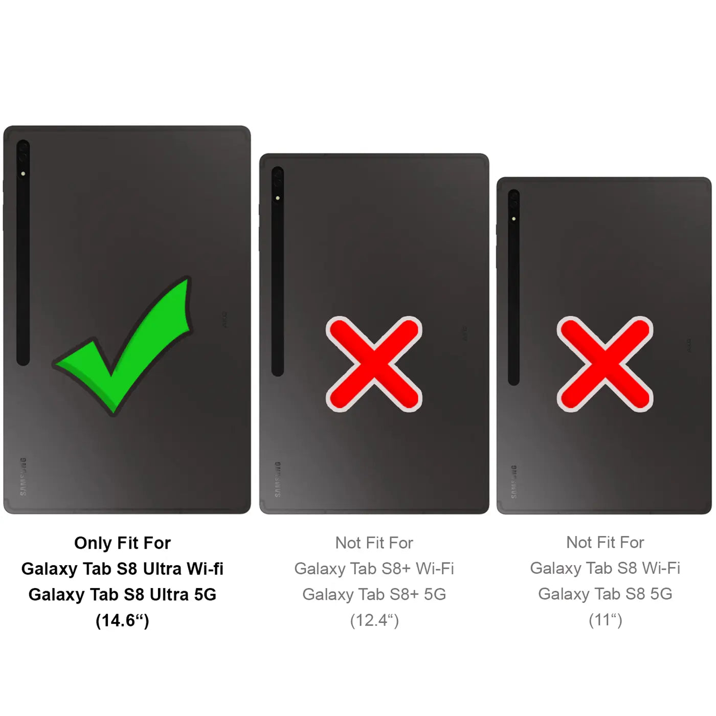 Drei Samsung Tablets, eins mit Haken, zwei mit Kreuz.