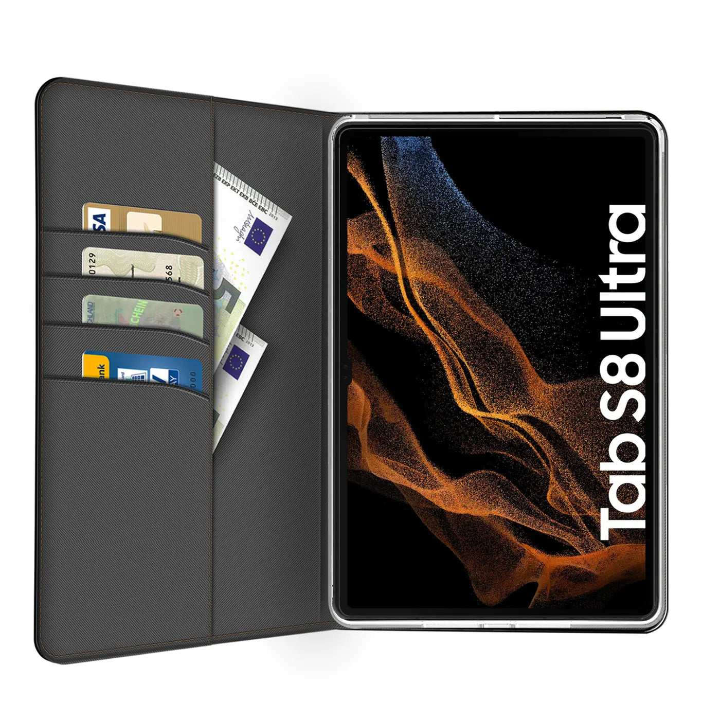 Dunkelgraue Textil-Klapphülle mit Kartenfächern, zeigt Samsung Tab S8 Ultra.
