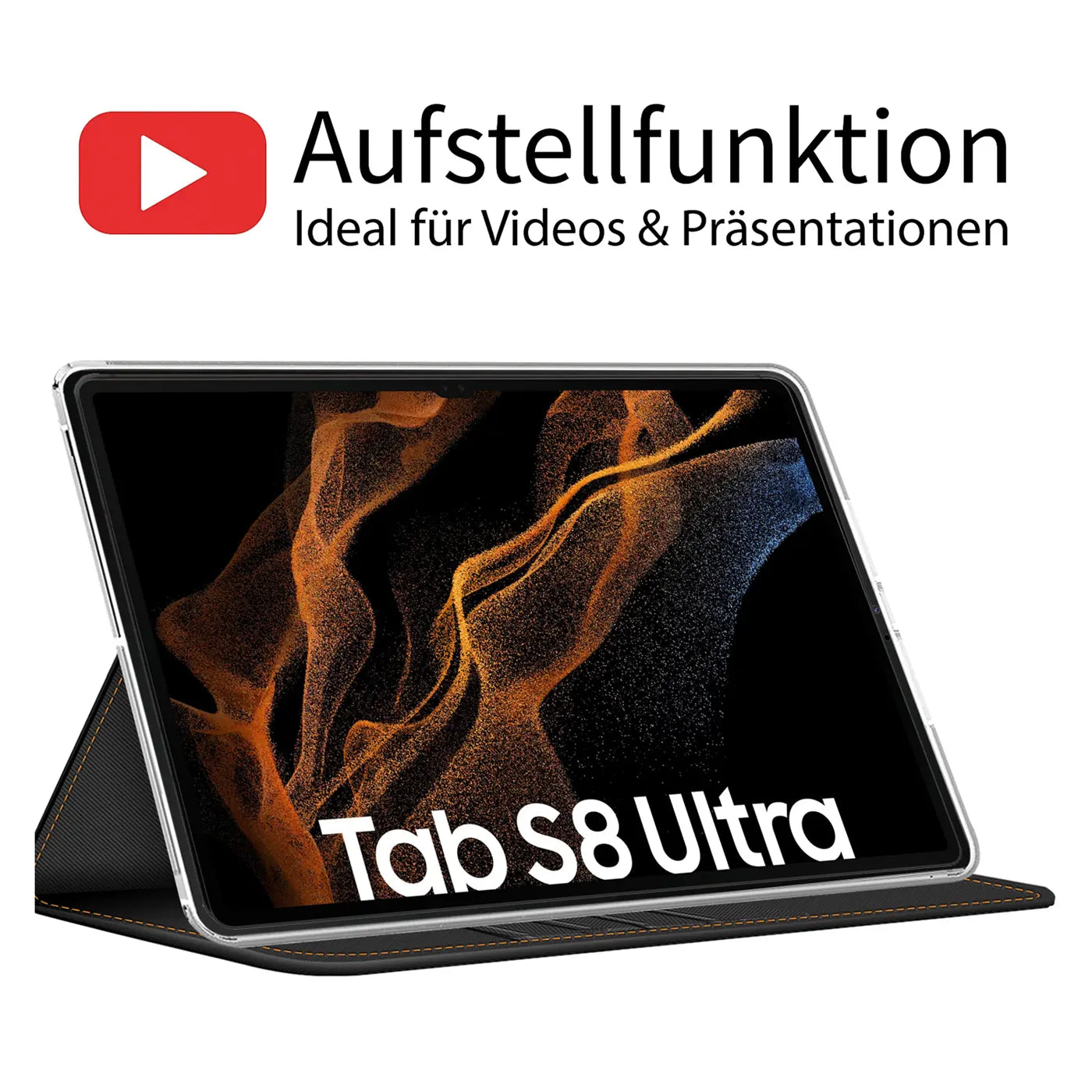 Samsung Galaxy Tab S8 Ultra in schwarzer Textil-Klapphülle, von vorne schräg gezeigt.