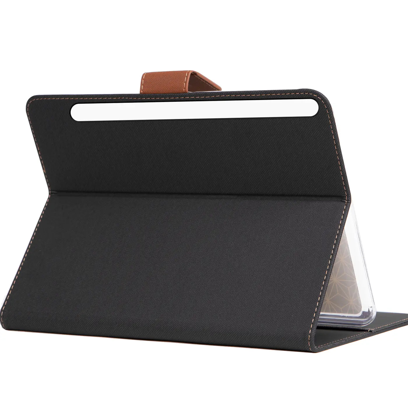 Schwarze Textil-Klapphülle mit braunem Verschluss, von vorne, für Samsung Galaxy Tab S8 Ultra.