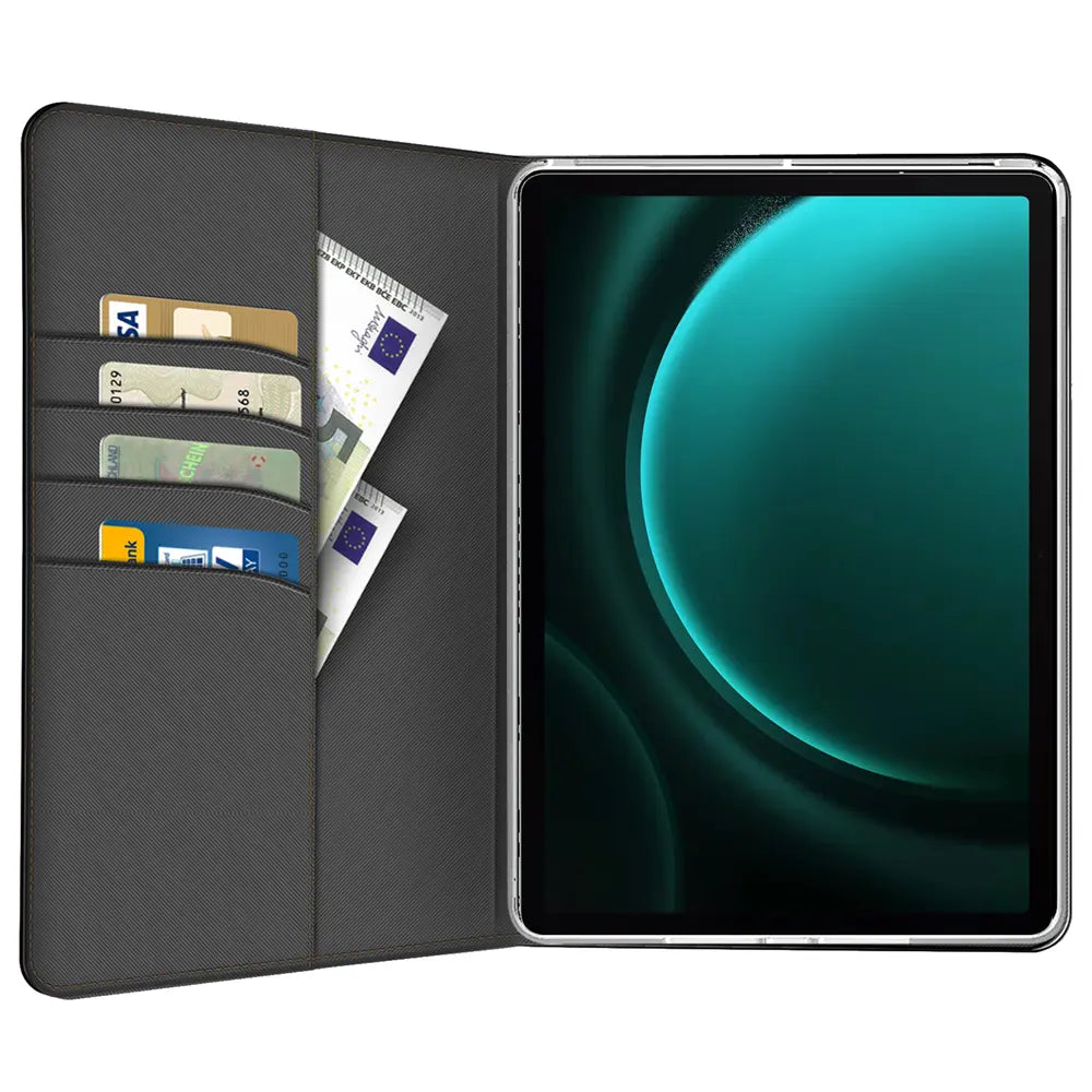 Dunkelgraue Textil-Klapphülle mit Kartenfächern, zeigt Samsung Galaxy Tab S9 FE Plus.