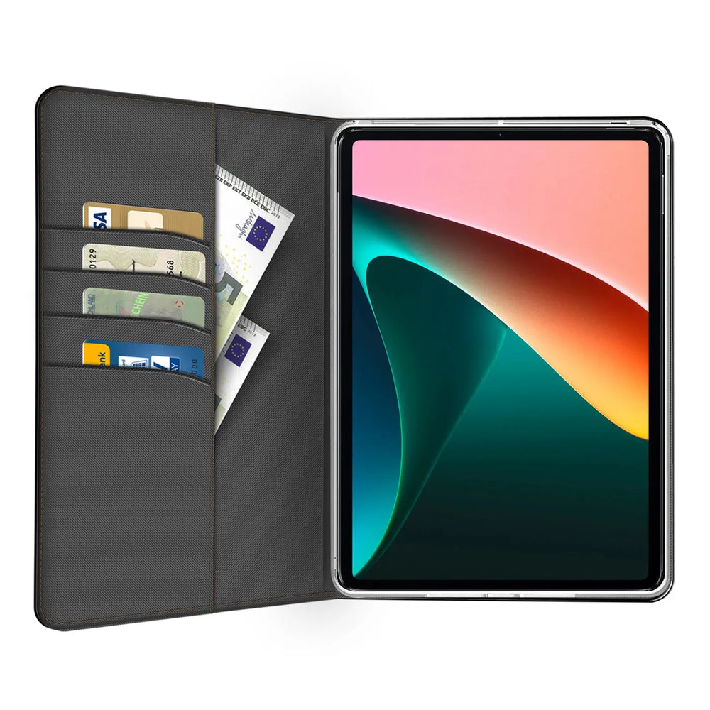 Graue Textil-Klapphülle mit Kartenfächern, zeigt Xiaomi Pad 5, von vorne