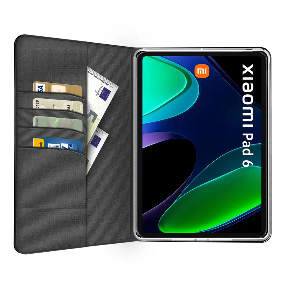 Dunkelgraue Textil-Klapphülle mit Kartenfächern, geöffnet, zeigt Xiaomi Pad 6 Tablet.