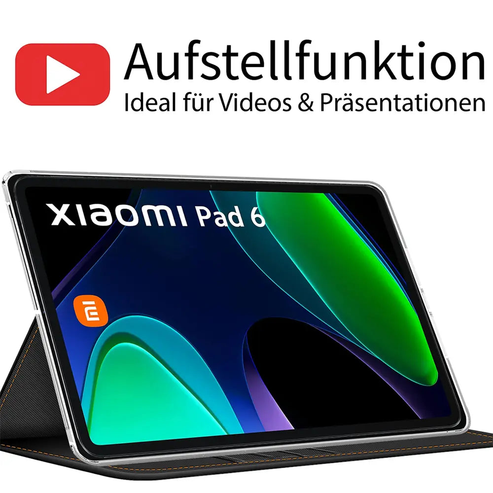 Schwarze Textil-Klapphülle mit aufgestelltem Xiaomi Pad 6, von vorne links gesehen.