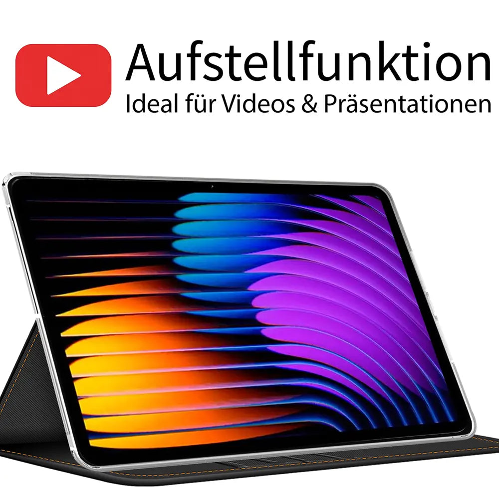 Dunkelgraue Textil-Klapphülle mit aufgestelltem Tablet (Xiaomi Pad 7/7 Pro) von vorne.