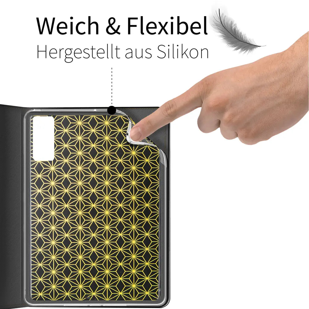 Transparente Hülle mit gelbem Muster auf schwarzem Hintergrund, die ein Tablet schützt.