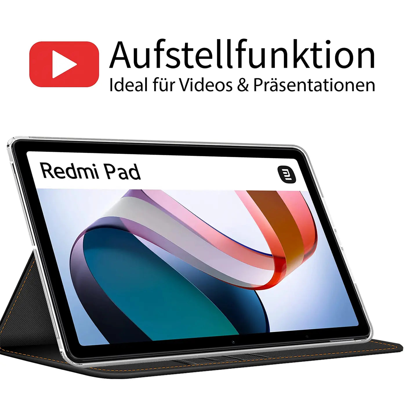 Schwarze Textil-Klapphülle für ein Redmi Pad, von vorne schräg fotografiert.