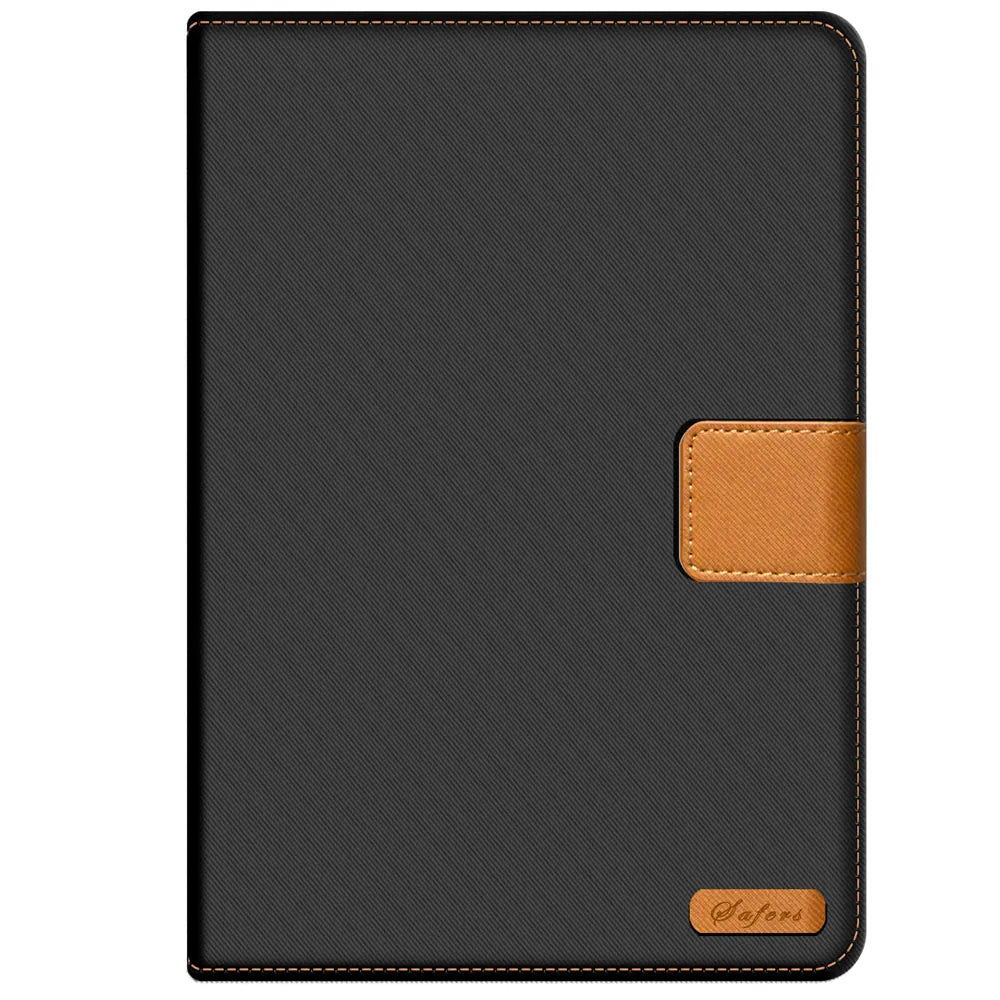 Schwarze Textil-Klapphülle für Xiaomi Redmi Pad SE, von vorne, mit braunem Lederriemen.