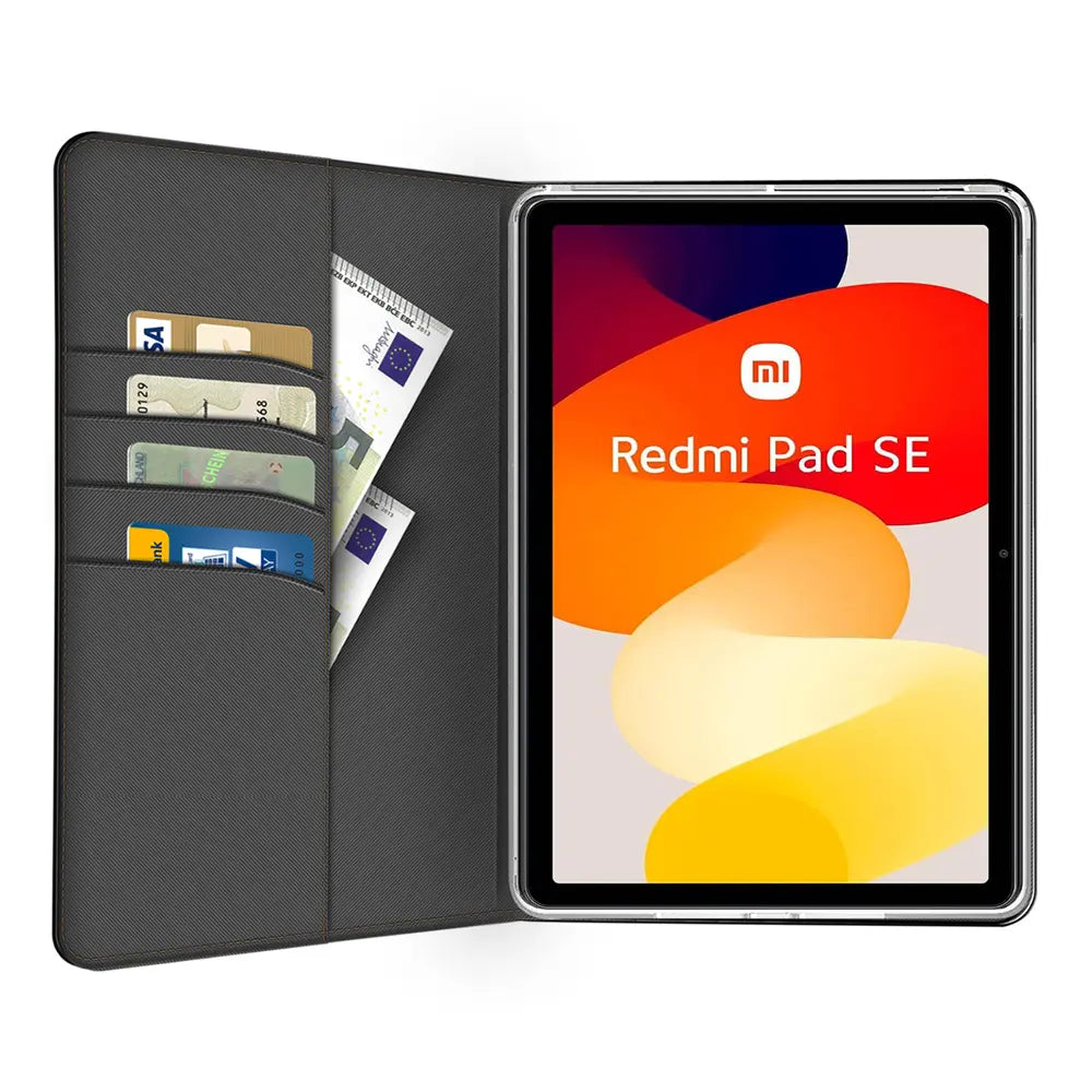 Graue Textil-Klapphülle mit Kartenfächern, geöffnet, zeigt Xiaomi Redmi Pad SE.