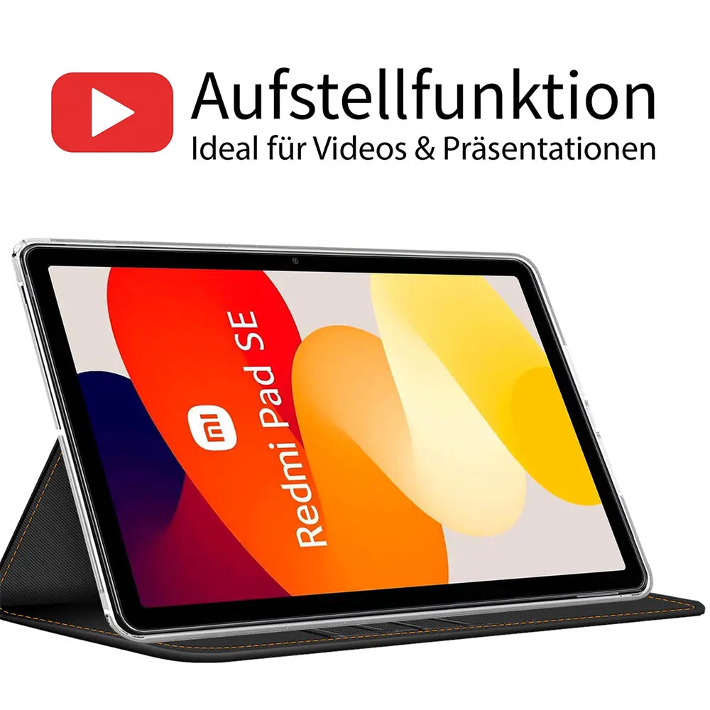 Schwarze Textil-Klapphülle für Xiaomi Redmi Pad SE, von vorne schräg gezeigt.