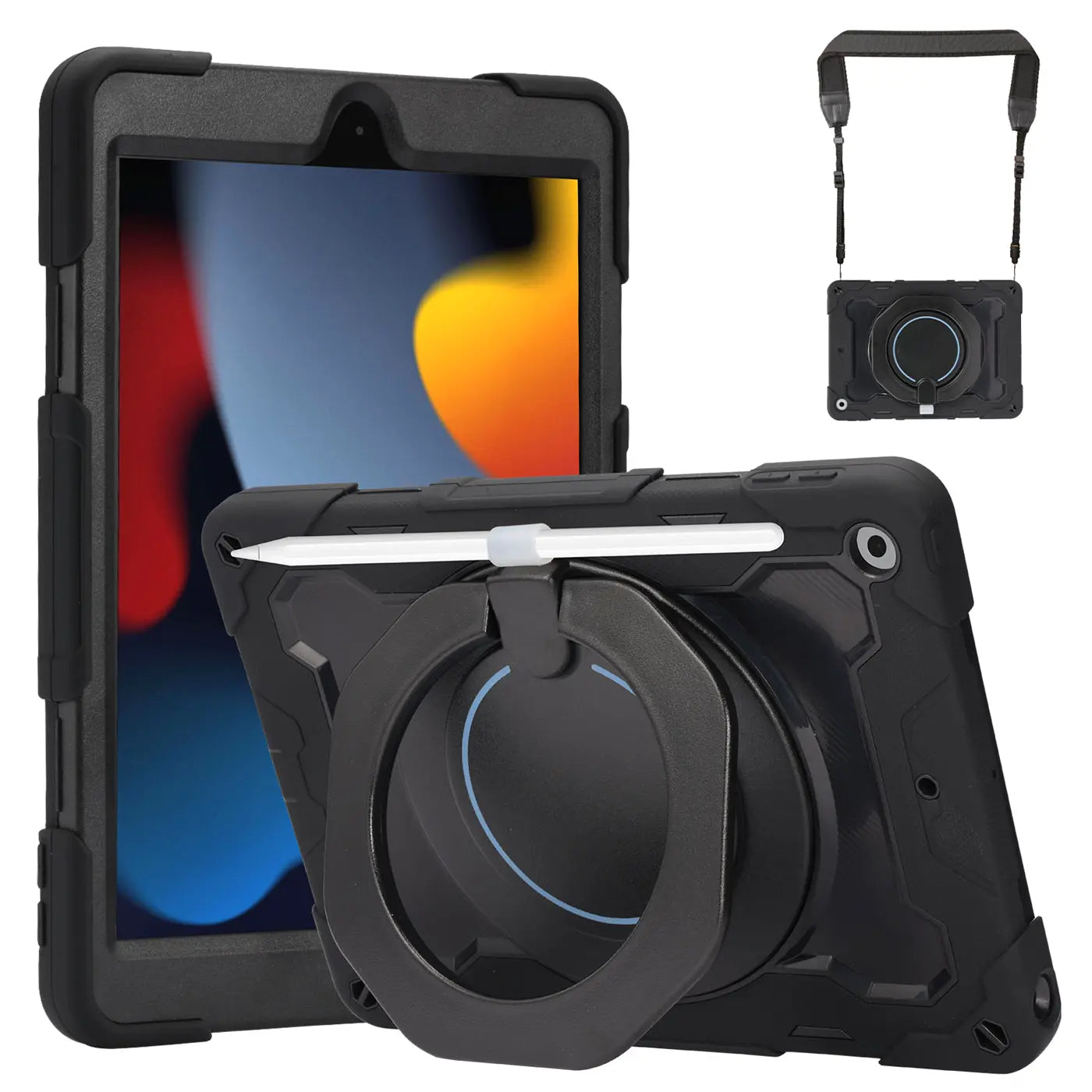 Schwarzes iPad Pro 12,9" (3.-5. Gen.) Armor Case aus Silikon/PC mit Ständer, Stifthalter und Gurt, Vorder- und Rückansicht.