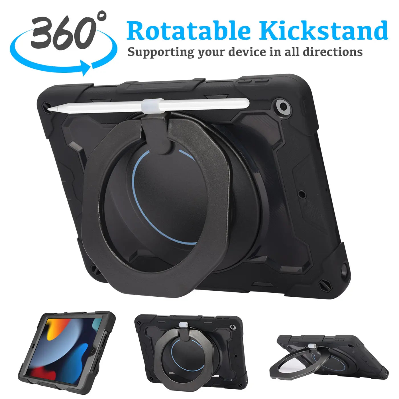Schwarzes Armor Case für iPad Pro 12,9" (3.-5. Gen.) mit integriertem 360° drehbarem Ständer und Stifthalter.