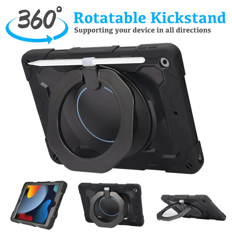 Robuste Outdoor-Schutzhülle für iPad 10.2 2020/2021 in Schwarz – Stoßfest mit 360° Ständer und Schultergurt