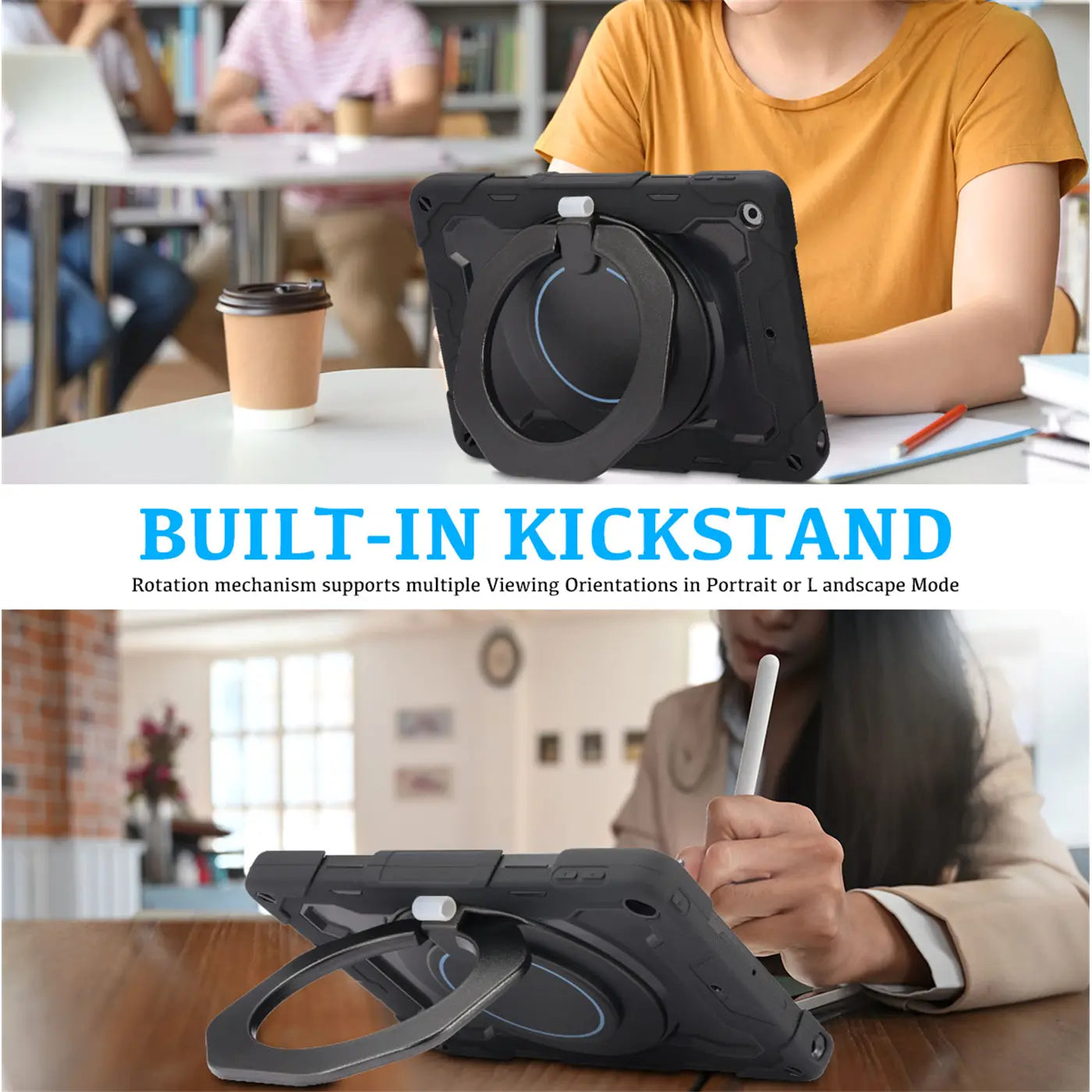 Schwarzes, robustes iPad Pro (12,9") Armor Case aus Kunststoff mit integriertem Ständer und Gurt, aus verschiedenen Winkeln.