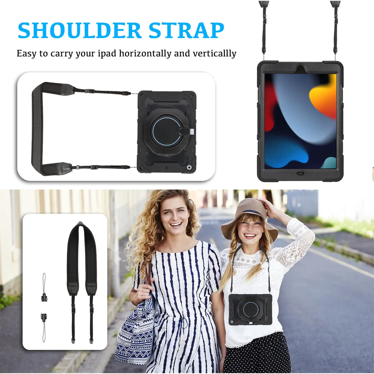 Robuste Outdoor-Schutzhülle für iPad Air 3/4/5 10.9 in Schwarz – Stoßfest mit 360° Ständer und Schultergurt
