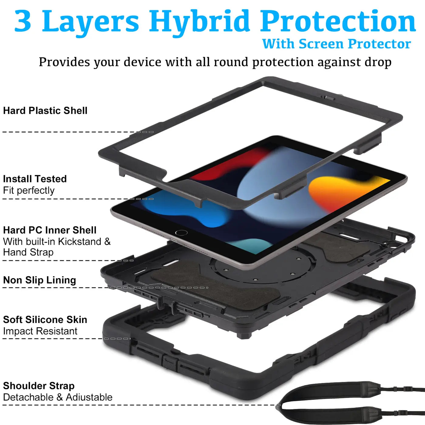 Explodierte Ansicht eines schwarzen iPad Pro 12,9" (3.-5. Gen.) Armor Cases aus Kunststoff/Silikon mit Ständer und Gurt.