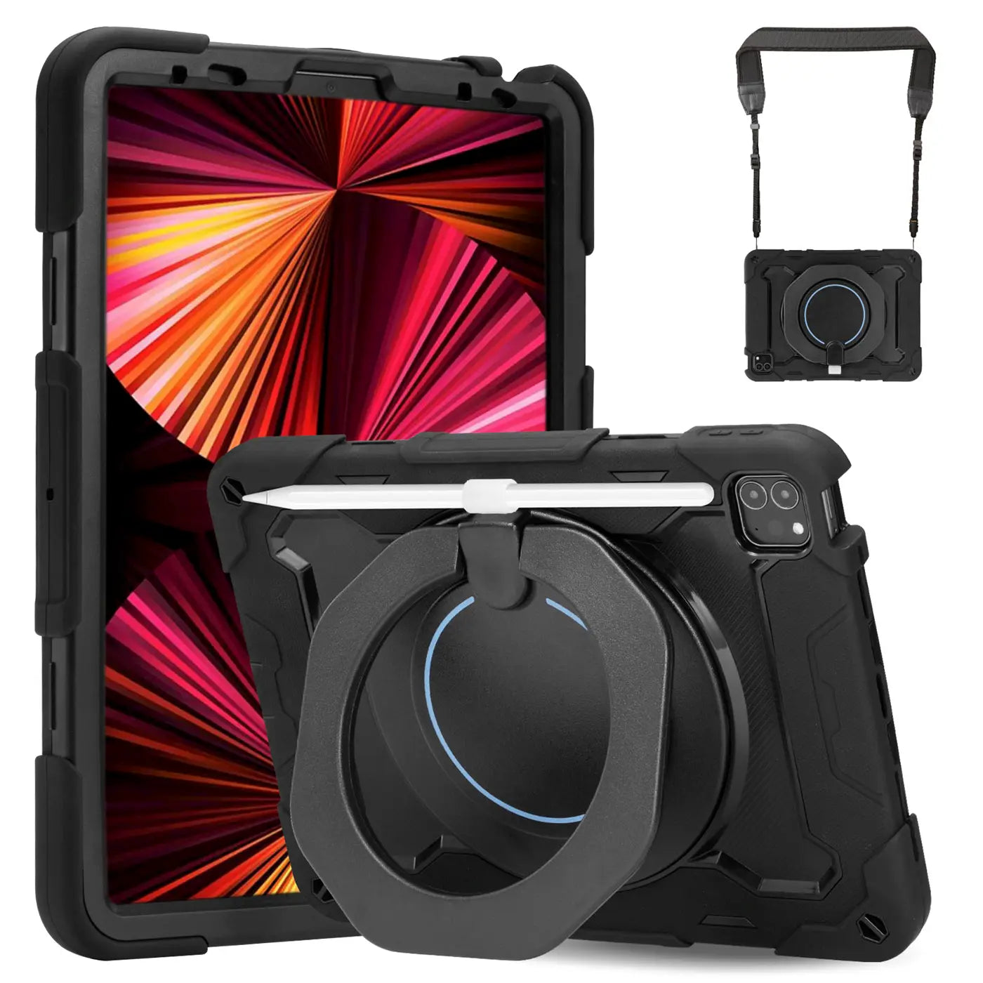 Schwarzes Armor Case aus Silikon und Kunststoff für 11" iPad Pro mit Ständer, Pencil-Halterung und Tragegurt.
