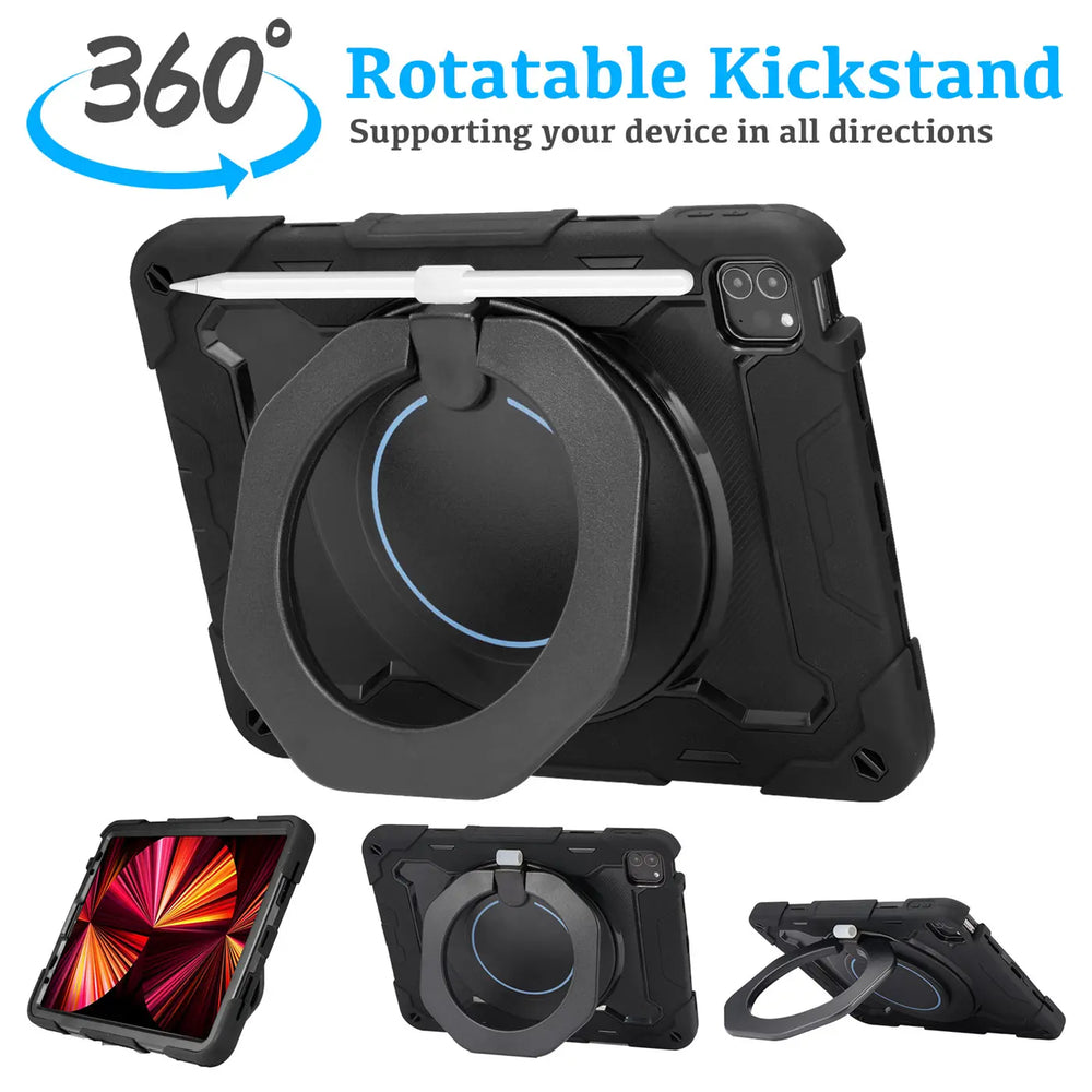 Robuste Outdoor-Schutzhülle für iPad Pro 11 2018/2020/2021 in Schwarz – Stoßfest mit 360° Ständer und Schultergurt