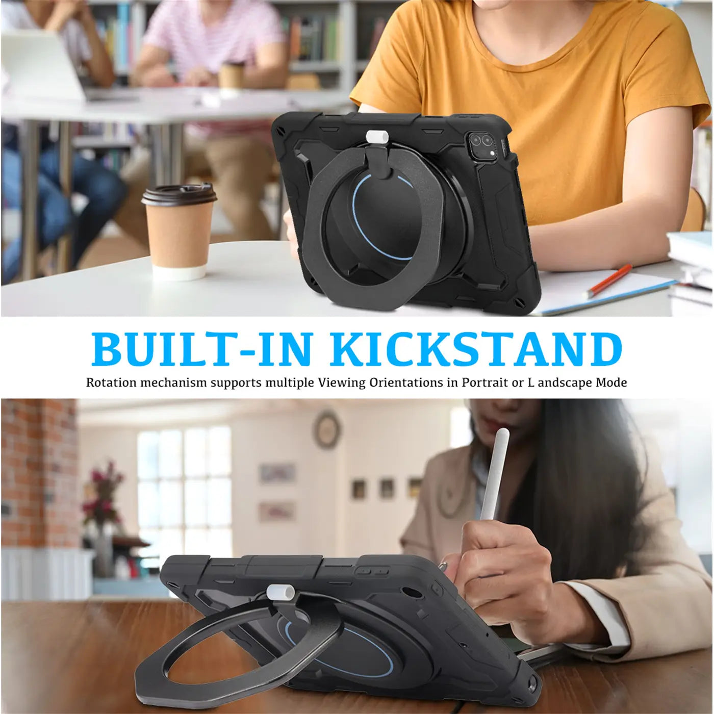 Schwarzes Armor Case mit Ständer für ein 11" iPad Pro, aus Silikon und Kunststoff, in zwei Perspektiven gezeigt.