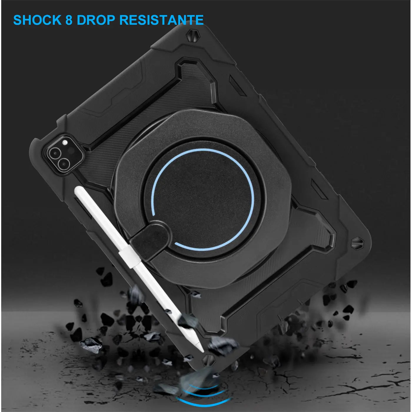 Schwarzes, robustes iPad Pro (11") Armor Case mit Ständer und Stifthalter, fällt auf dunklen Boden mit Schutt.