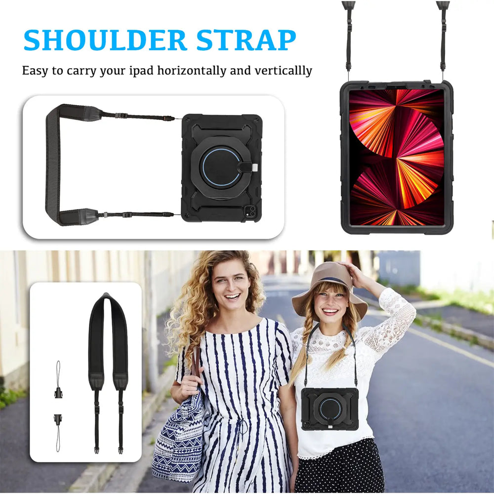 Robuste Outdoor-Schutzhülle für iPad Pro 11 2018/2020/2021 in Schwarz – Stoßfest mit 360° Ständer und Schultergurt