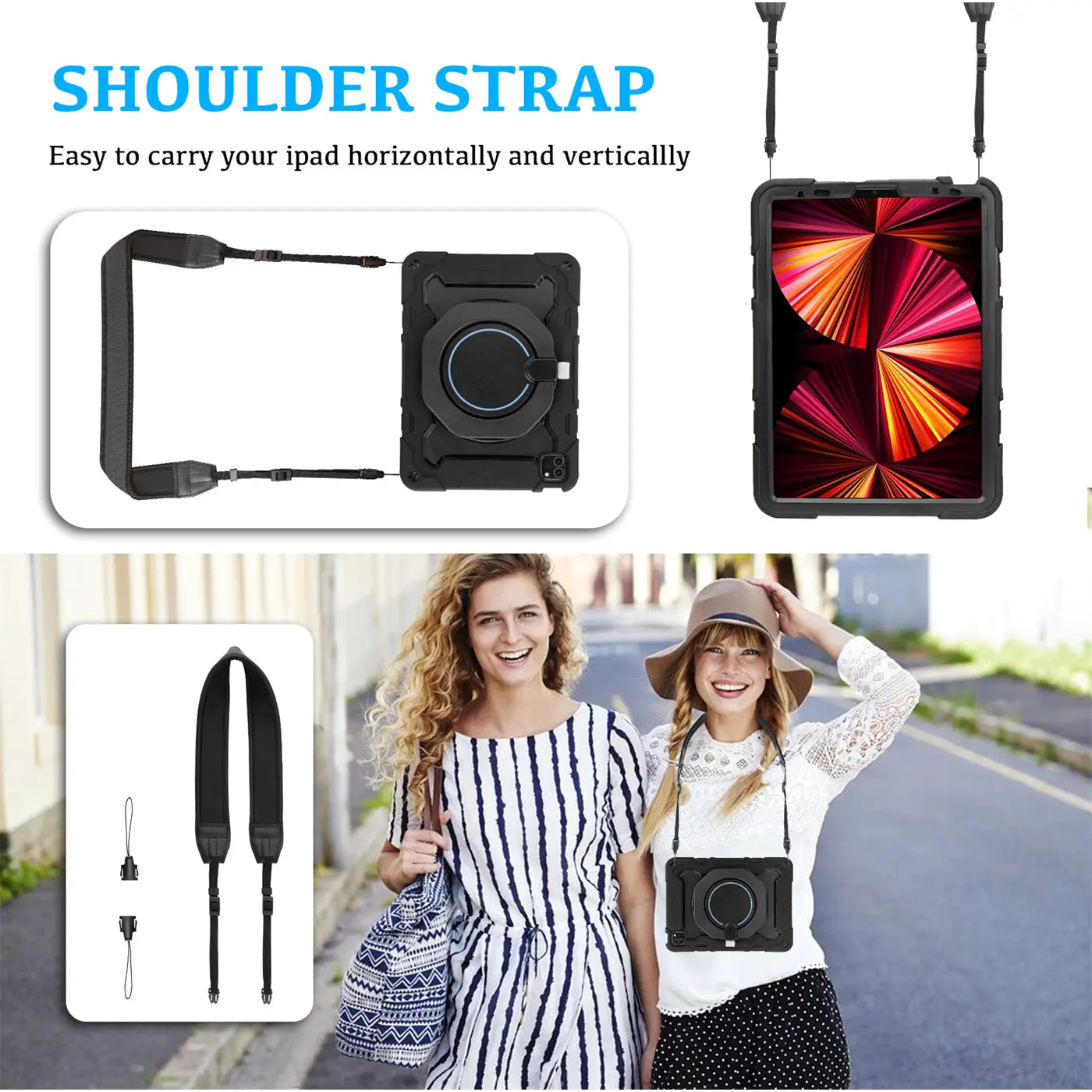 Schwarzes Armor Case für 11" iPad Pro mit Ständer und Gurt, aus Kunststoff/Silikon, in mehreren Ansichten gezeigt.