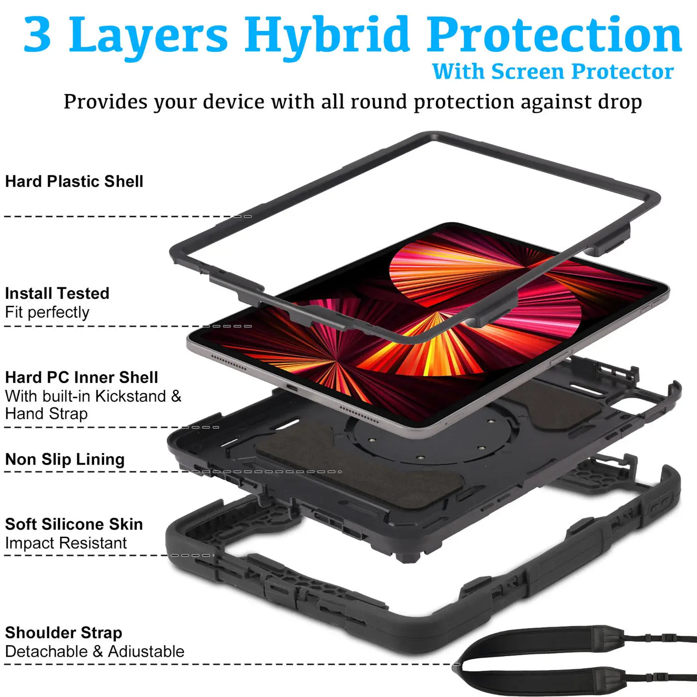 Schwarzes, mehrschichtiges 11" iPad Pro Armor Case aus Hartplastik, PC und Silikon mit Ständer und Gurt, schräg von oben.