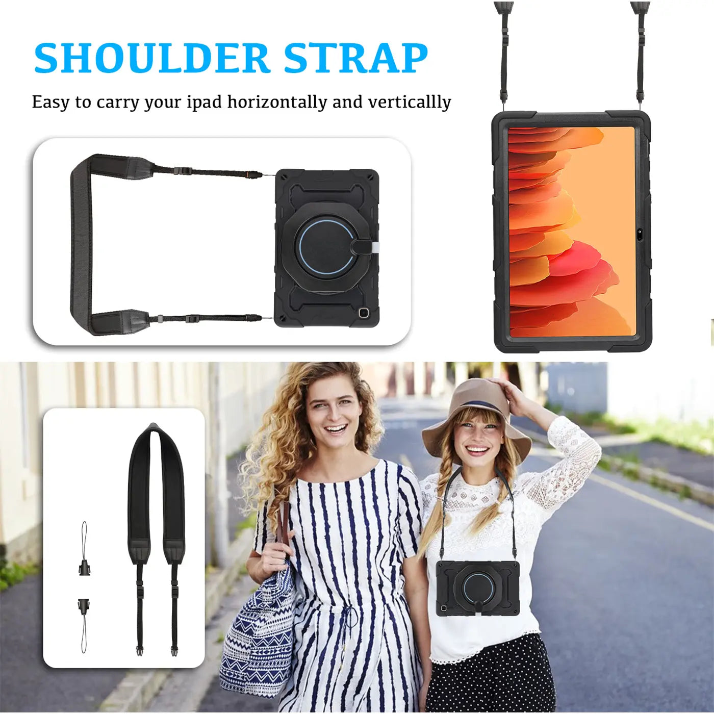 Schwarzes Tablet-Case mit Ständer und Gurt, Samsung Tab A7 10.4, Frontalansicht.