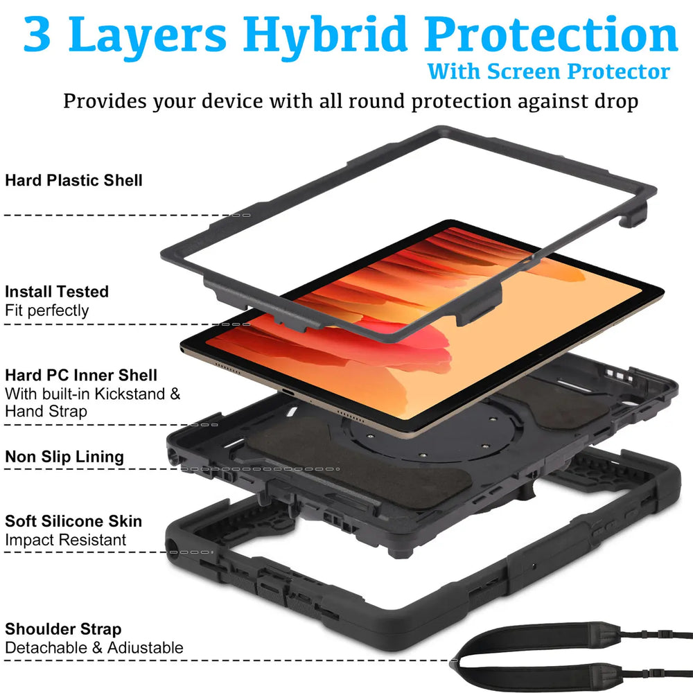 Robuste Outdoor-Schutzhülle für Samsung Galaxy Tab A7 10.4 in Schwarz – Stoßfest mit 360° Ständer und Schultergurt